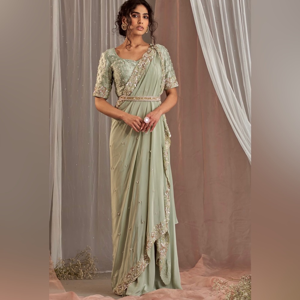 Nidhika Shekhar Pastel Green Hand Embroidered Draped Saree, S